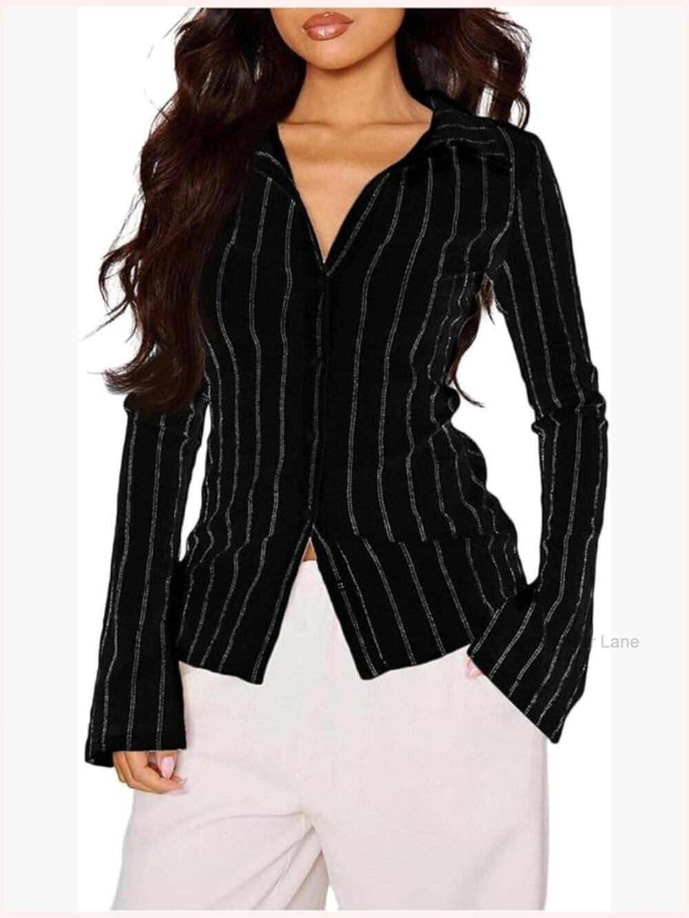 Striped Button Down Blouse Long Sleeve Collared Dressy Top Office Siren Fit